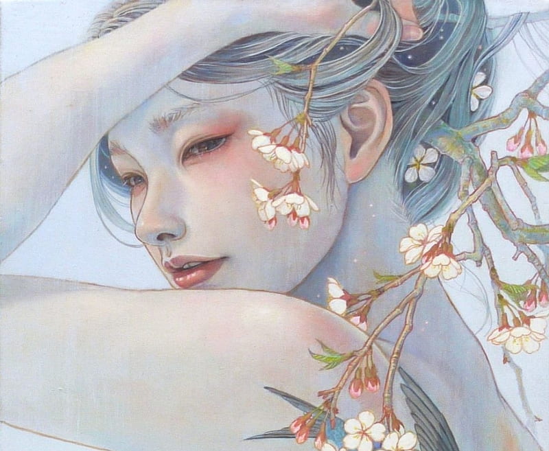 Spring, girl, mihohirano, painting, flower, miho hirano, HD wallpaper