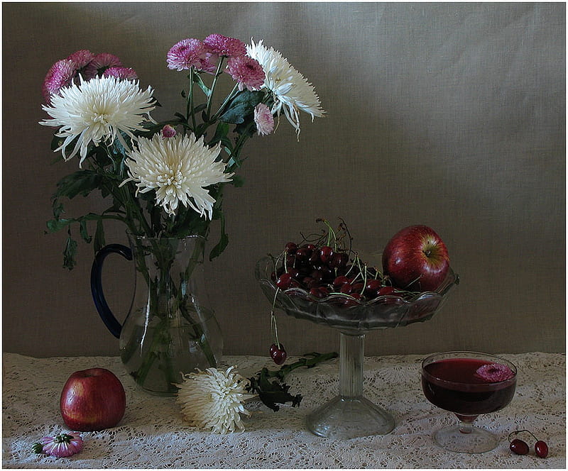 still life 1, still life, art , fruits, flowers, nature, HD wallpaper