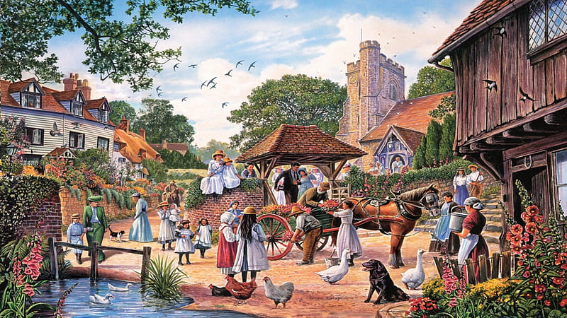 Country Village Wedding, Wedding, English, Pond, Ducks, Dogs, Village, People, Horse, Church, Cart, Painting, Flowers, Country, HD wallpaper