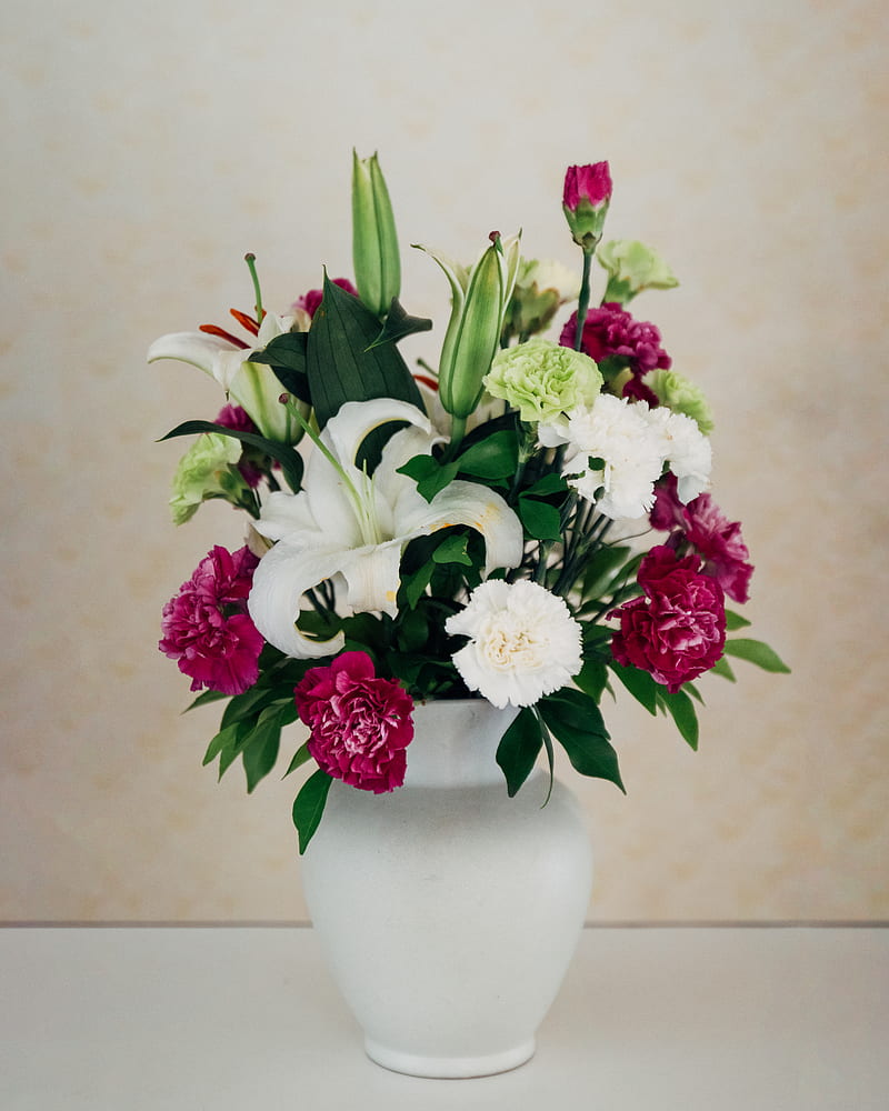white and purple petaled flower arrangement on white vase, HD phone wallpaper