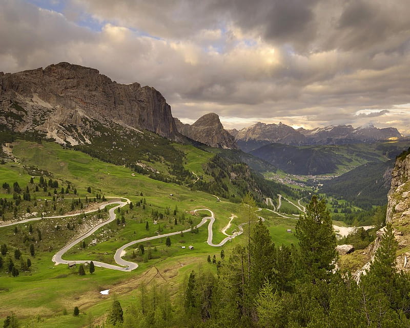 Passo Di Gardena Grodner Josh Italy, hills, clouds, grass, mountains, HD wallpaper