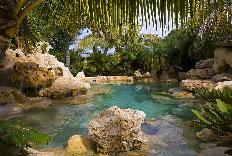 Volcanic Lagoon Pool, polynesia, rock, bonito, lagoon, waterfall, aqua, swimming, south pacific, blue, exotic, hawaii, pool, hot tub, paradise, spa, volcanic, jacuzzi, tropical, hawaiian, HD wallpaper