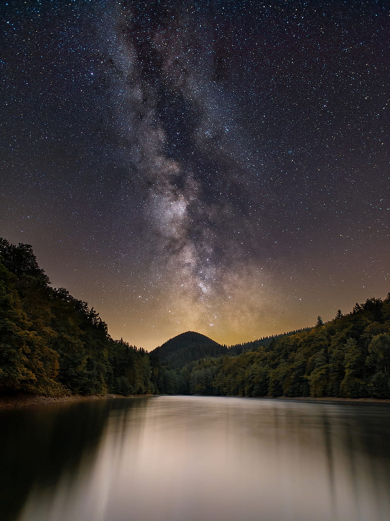 lake, mountain, trees, starry sky, milky way, HD phone wallpaper