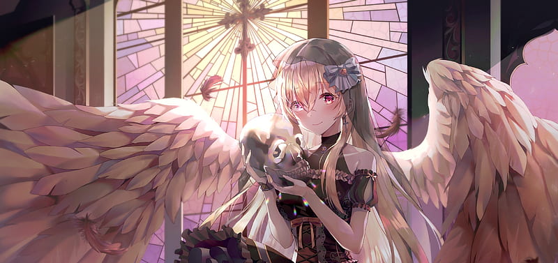 Gothic anime girl, fallen angel, long wings, feathers, skull, Anime, HD  wallpaper | Peakpx