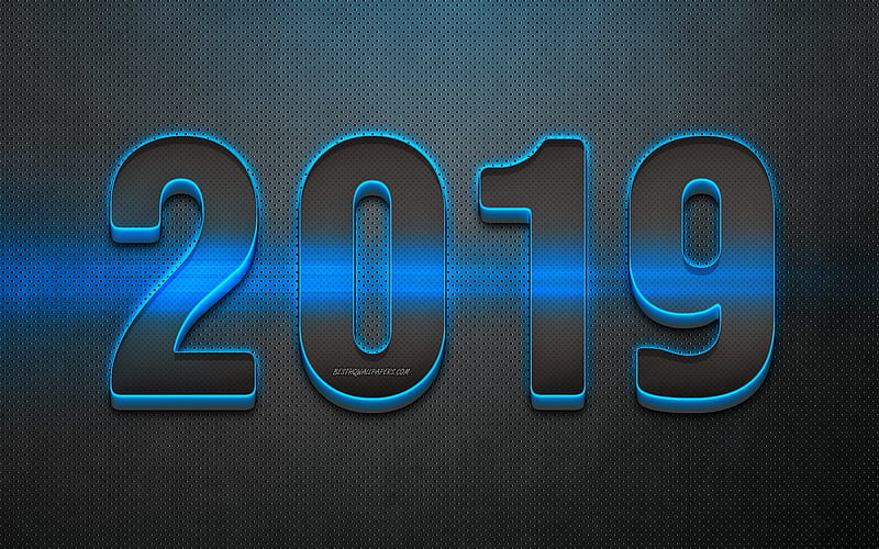 2019 year, 3D digits, metal background, blue neon, 2019 concepts, Happy New Year 2019, creative, HD wallpaper