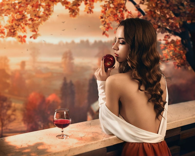 Temptation, apple, red, autumn, model, orange, wine, woman, leaf, fruit, glass, girl, HD wallpaper