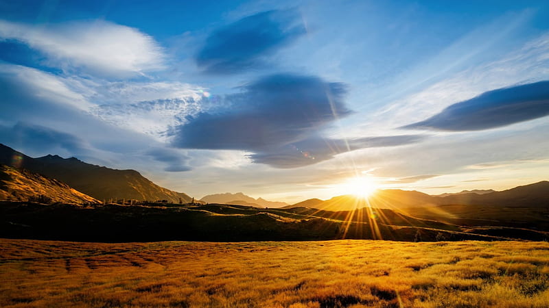 beautiful mountain sunrise, rays, mountains, sunrise, clouds, meadow, HD wallpaper