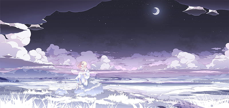 Crescent Moon, night sky, bonito, sky, asakura masatoki, moon, girl,  purple, HD wallpaper | Peakpx