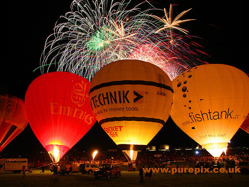 balloons going up, nigth, air, fireworks, balloons, sky, HD wallpaper