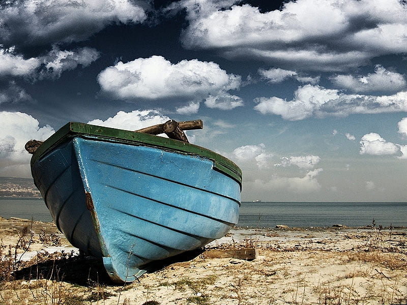 Free Download Lonely Boat Wrecked Boat Lonely Blue Hd Wallpaper