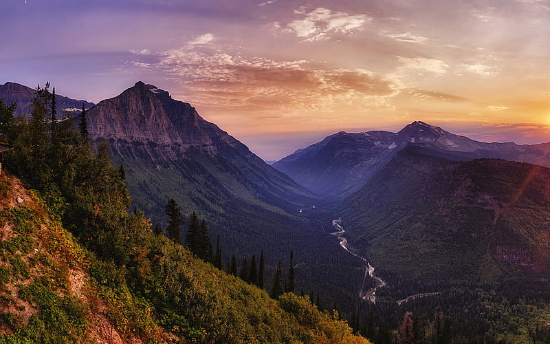 Glacier National Park, valley, sunset, forest, mountains, America, USA, HD wallpaper