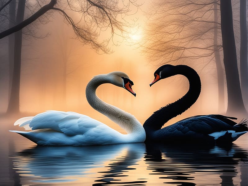 A white swan and a black swan forming a heart shape, madar, par, hattyu, feher, fekete, kod, fak, napfeny, kodos tavacska, HD wallpaper