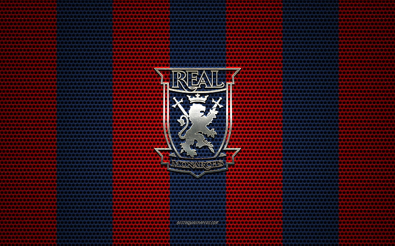 Real Monarchs FC logo, American soccer club, metal emblem, red-black metal mesh background, Real Monarchs FC, USL, Sandy, Utah, USA, soccer, HD wallpaper
