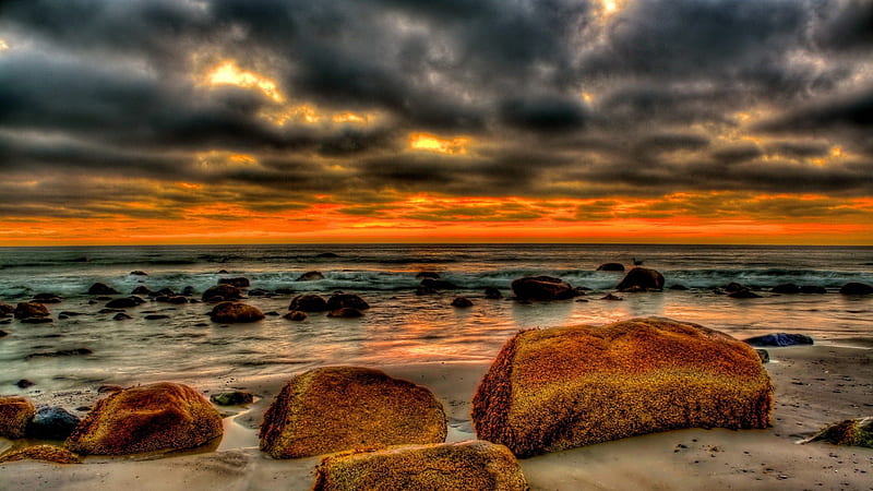 beautiful beach strewn with rocks at sunset r, beach, rocks, r, sunset, clouds, sea, HD wallpaper
