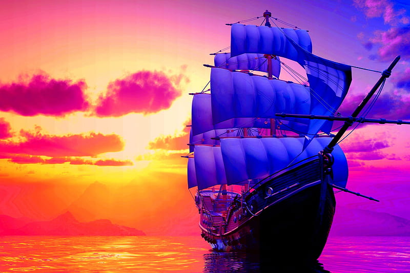 APPROACHING the HORIZON, colorful, horizon, anchor, direction, ocean, sailing, boat, calm, 3d, nature, sailboat, Island, luxury, HD wallpaper