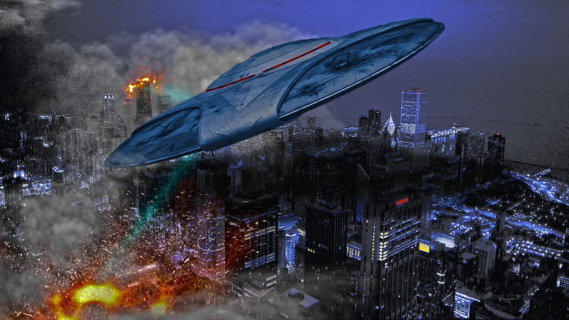 Chicago city UFO Attack, Builing, Light, Vehicle, Feere, HD wallpaper