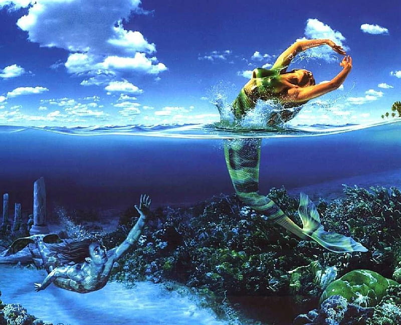 Catch Me If You Can, male, reef, female, merpeople, ruins, scales, HD wallpaper