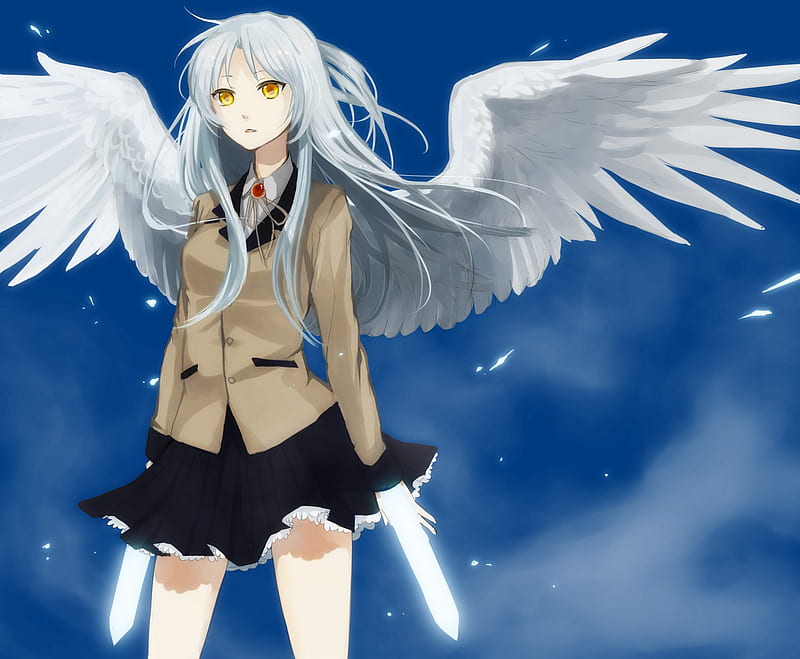 Tachibana Kanade, wings, angel beats, white hair, angel, yellow eyes, sexy, cute, girl, anime, weapon, long hair, HD wallpaper