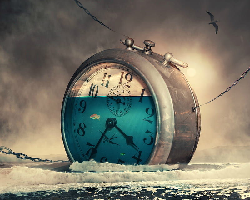 The calm after the storm, ionut caras, clock, creative, storm, fantasy, calm, water, summer, blue, HD wallpaper
