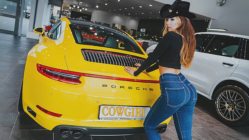 Fast Cars & Cowgirls. ., female, models, hats, cowgirl, women, carros, Porsche, blondes, western, style, HD wallpaper
