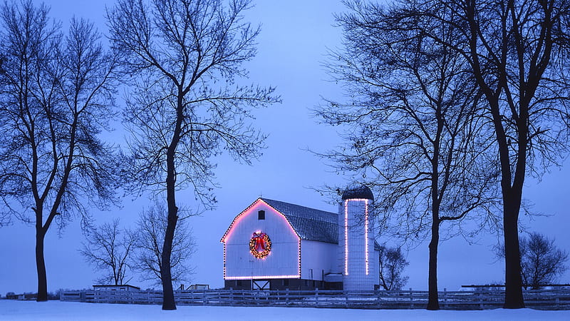 country christmas, wreath, holiday, dusk, trees, sky, barn, winter, graphy, snow, beauty, nature, evening, HD wallpaper