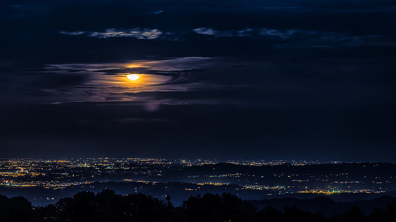 Moon Clouds Night City View, HD wallpaper