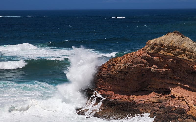 Water meets Earth, Algarve, Portugal, waves, atlantic, rocks, coast, HD wallpaper