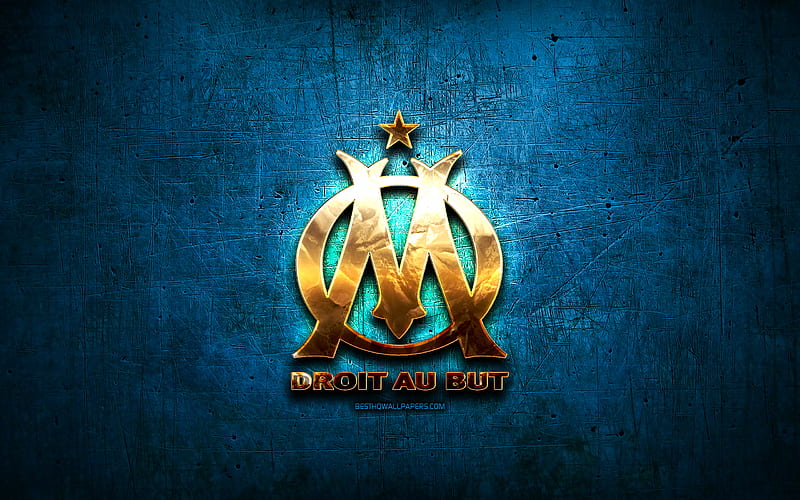 Olympique Marseille FC, golden logo, Ligue 1, blue abstract background, soccer, french football club, Olympique Marseille logo, football, Olympique Marseille, France, OM, HD wallpaper