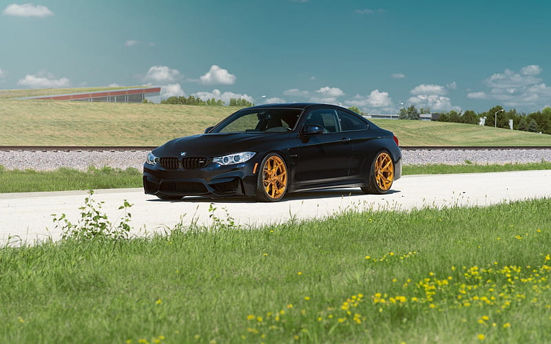 BMW M4, Azurite Black, 2016, black BMW, gold wheels, tuning BMW, HD wallpaper