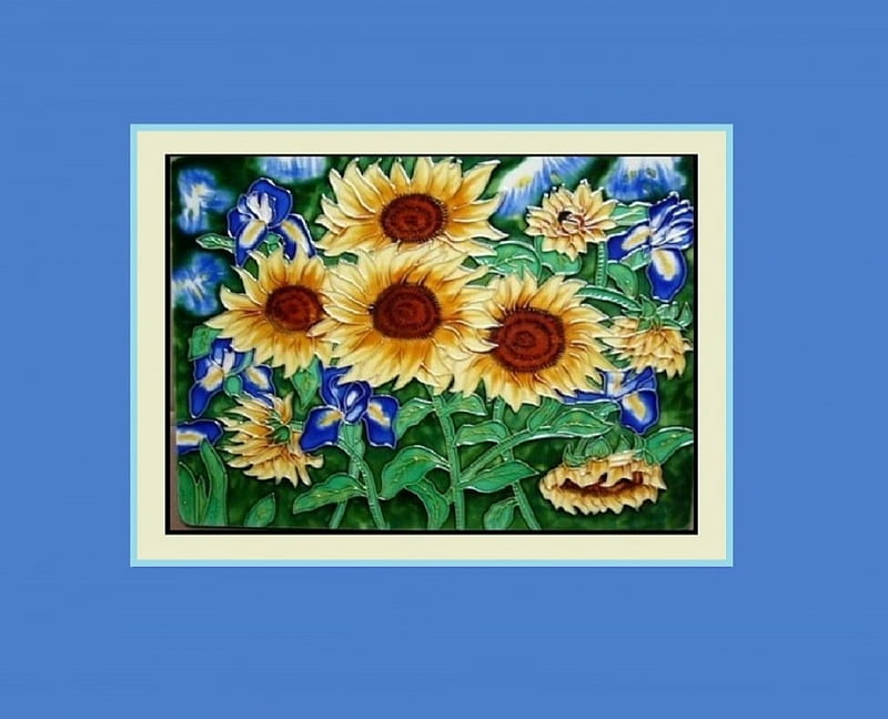Sunflowers, pretty, ceramic, orange, cg, abstract3d, painting, tile, blue, HD wallpaper