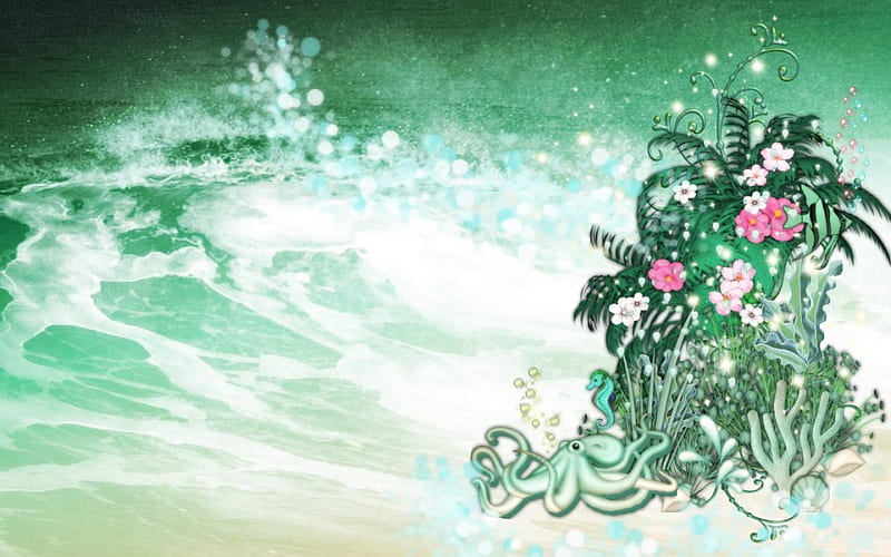 Green Floral Abstract, octapus, flowers, waves, seahorse, HD wallpaper