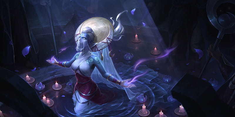 Priestess Lunari, fantasy, masaki hsu, luminos, girl, lunari, priestess, legends of runeterra, blue, frumusete, HD wallpaper