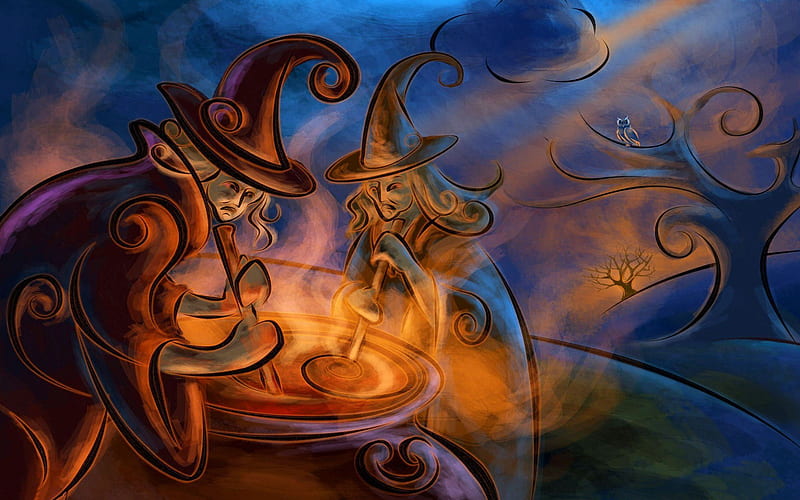 Toil and Trouble, owl, cauldron, witches, dark, Halloween, magic, HD wallpaper