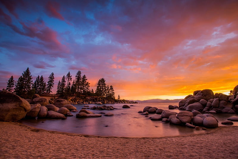 Sunset at Sand Harbor beach, Lake Tahoe, usa, california, rocks, water, colors, sky, trees, HD wallpaper