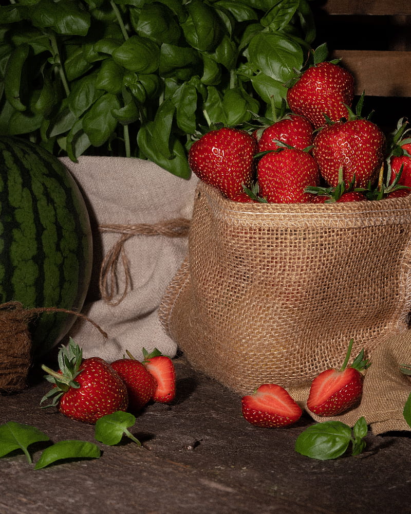 strawberries, berries, red, ripe, leaves, bag, HD phone wallpaper