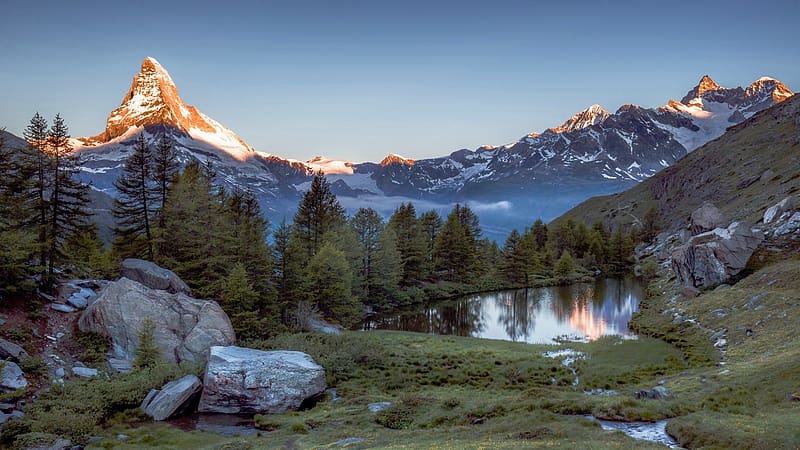 Small Lake Near Zermatt, Switzerland, alps, mountains, landscape, trees, rocks, stones, HD wallpaper
