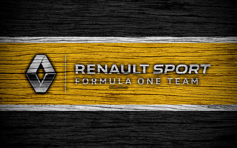 Renault Sport Formula One logo, F1 teams, F1, Renault F1 flag, Formula 1 wooden texture, Formula 1 2018, Renault, HD wallpaper