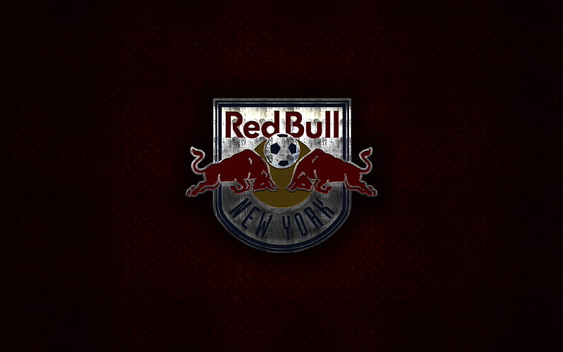 New York Red Bulls metal logo, creative art, American soccer club, MLS, emblem, red metal background, Harrison, New Jersey, USA, football, Major League Soccer, HD wallpaper
