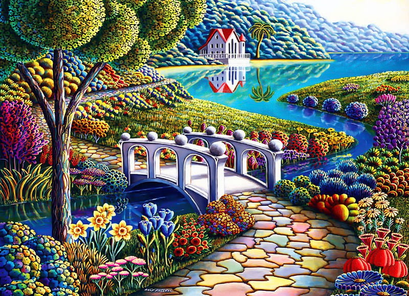 White bridge, pretty, colorful, house, shore, cottage, bonito, nice, stones, bridge, painting, flowers, art, lovely, spring, lake, freshness, summer, white, HD wallpaper