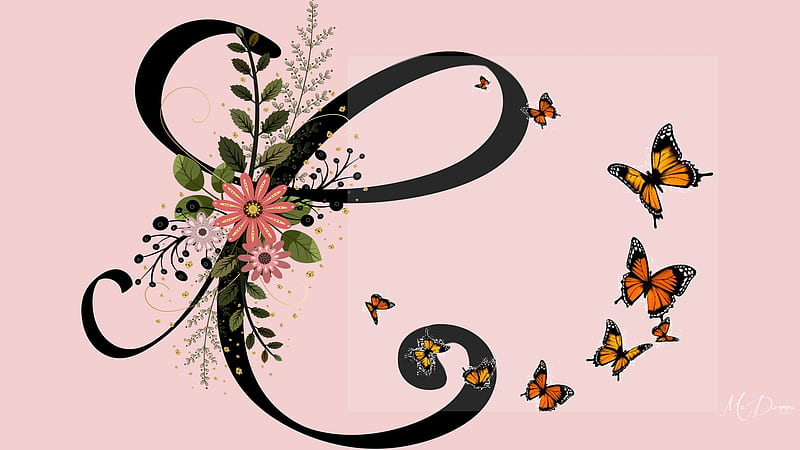 C, alphabet, script, letter, butterfly, floral, flowers, HD wallpaper