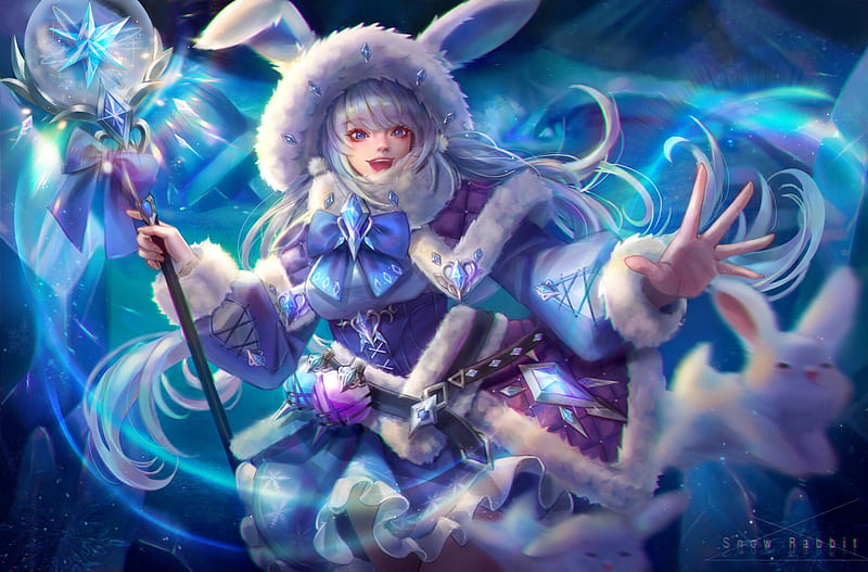 Snow rabbit, luminos, girl, bunny, shumolly, white, winter, blue, frumusete, rabbit, fantasy, HD wallpaper
