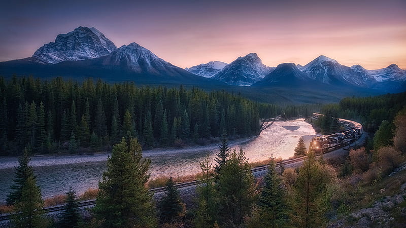 Alberta Banff National Park Canada Mountain Railroad River And A Train Traveling Nature, HD wallpaper