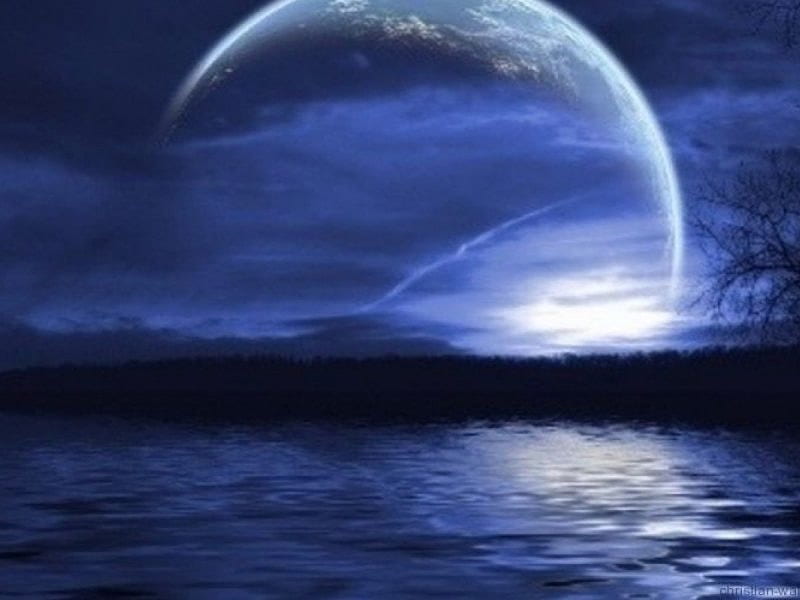 moon over water, moon, blue, HD wallpaper