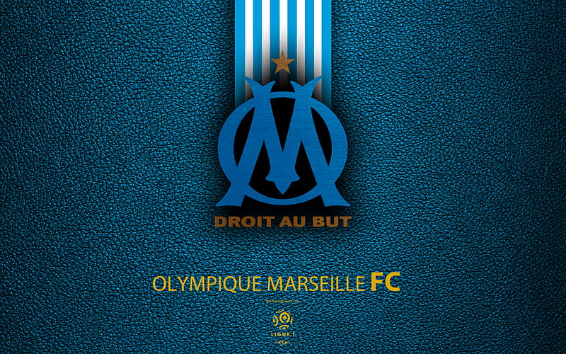 Olympique Marseille, FC French football club, Ligue 1, leather texture, OM logo, emblem, Marseille, France, football, HD wallpaper
