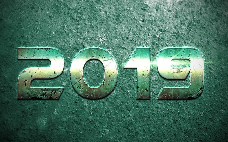 2019 year, 2019 creative design, green metal letters, green metal background, New Year, 2019 concepts, 2019 art, Christmas background, HD wallpaper