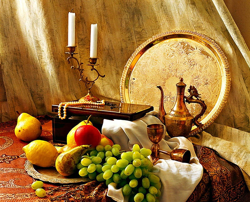 Still life, candle, grapes, food, fruits, silverware, HD wallpaper