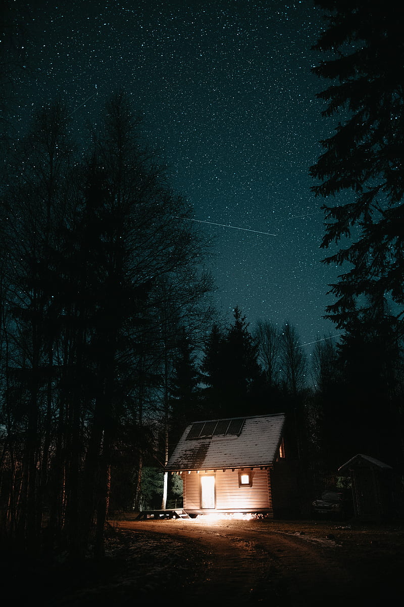 house, night, starry sky, trees, darkness, light, HD phone wallpaper