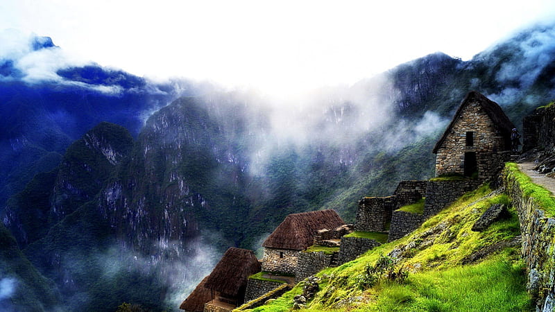 Machu Picchu, pretty, cottages, grass, bonito, Peru, clouds, nice, cliffs, village, peaks, Machu Pucchu, exciting, amazing, hills, lovely, ancient, high, greenery, America, mist, incas, slope, nature, history, HD wallpaper