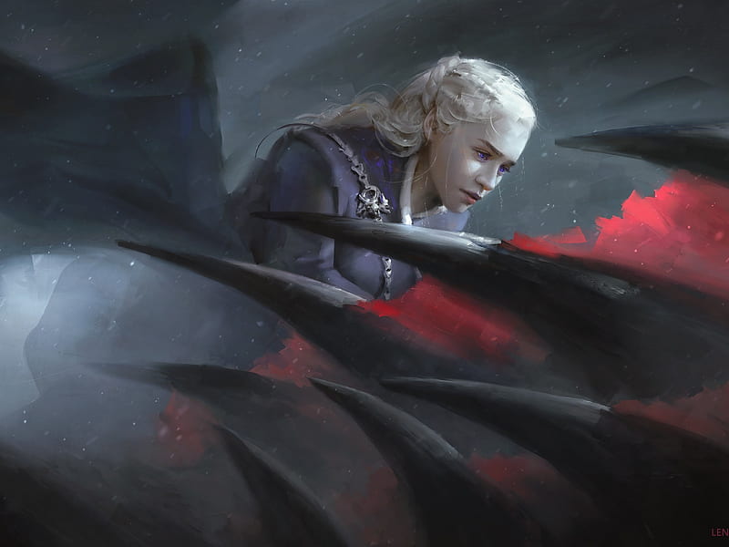 Daenerys Targaryen, art, fantasy, wings, luminos, game of thrones, black, dragon, HD wallpaper