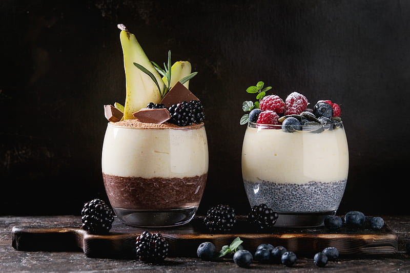 Chocolate pudding, Glasses, Blueberries, Raspberries, Chocolate, Blackberries, HD wallpaper